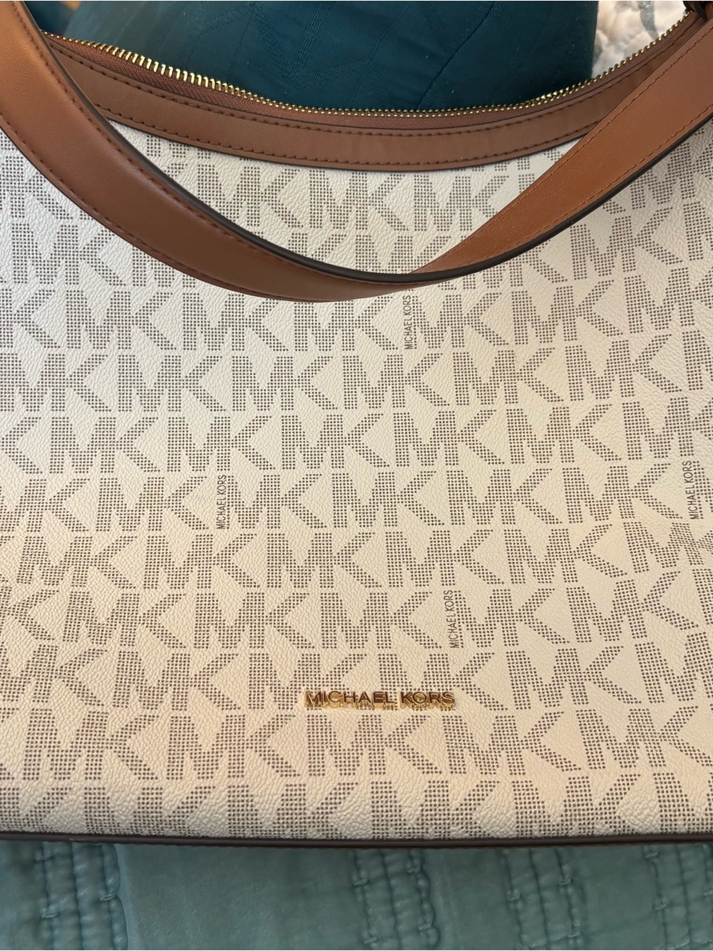 Michael Kors Beige Signature Tote with Brown Trim
